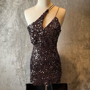 Astr Sequin One-Shoulder Dress in Dark Purple